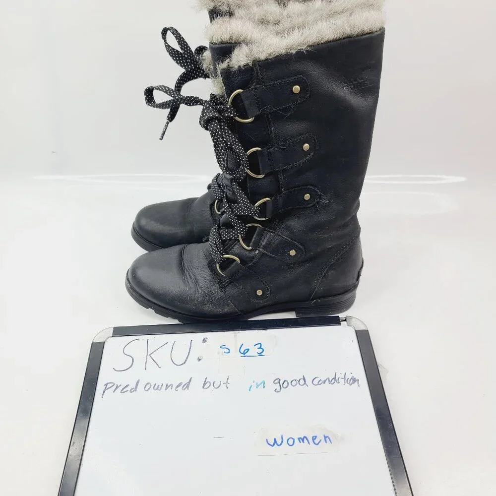 Sorel Women's Black Emelie NL2711-010 Leather Faux-Fur Lace-Up Winter Boots Sz 7